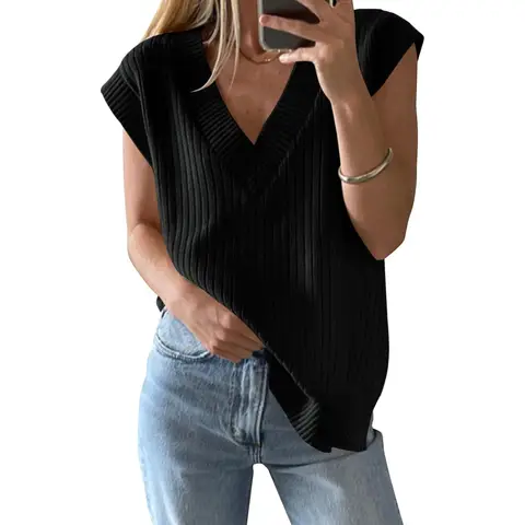 Women's V Neck Sweater Oversized Vest Sleeveless Lightweight Summer Sweater Elegant (black, M)