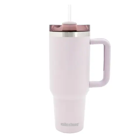 Milestone Travel Mug 40oz Tumbler with Straw, Handle & Lid/Large Capacity Insulated Stainless Steel Travel Cup for Cold or Hot Drinks (Pebble)