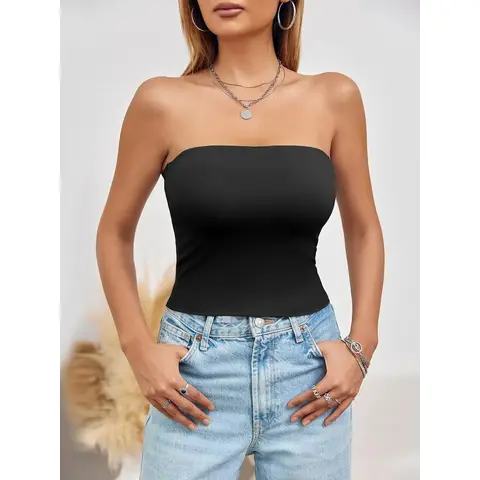 Women's Summer Tube Tops Strapless No Pad Clubwear Y2K Going Out Stretchy Basic Casual Cami Tops (black, S)