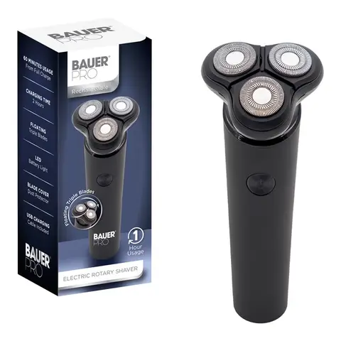 Bauer Rechargeable Wet and Dry Rotary Shaver, Triple Floating Heads, USB Charging, Wet and Dry Use, Black and Chrome