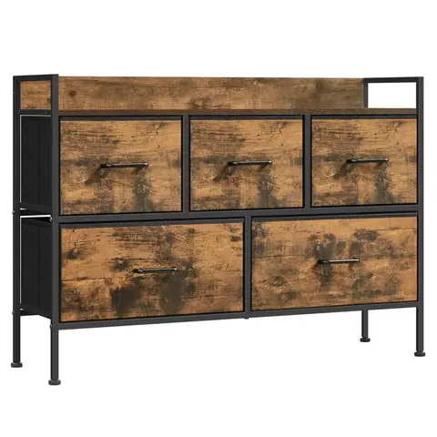 Wide Dresser Fabric 5 Drawers Wood Effect/Black