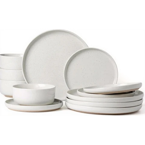 Richmount Galaxy Serie Geschirrset - 12-teiliges Keramikset für 4 Personen - Enthält Essteller/Salatteller/Müslischalen - Spülmaschinen- und Mikrowellengeeignet - Weiß