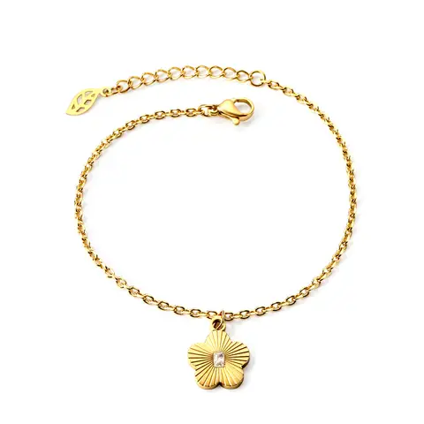 Cherry Blossom Flower Pendant Bracelet with Cubic Zirconia, 18K Gold Plated Stainless Steel Adjustable Jewelry (18+4cm)