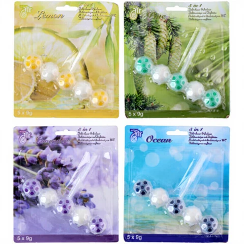 Active Air Bloc de boules nettoyantes pour cuvette de toilette  5x 9 g  4 parfums expédiés au hasard