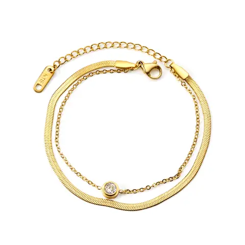 Double Chain and Diamonte 18K Gold Plated Bracelet - 16cm long x 6mm Diamonte
