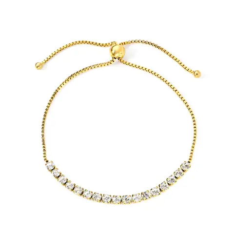 Square Tennis Bracelet with 17 CZ White Diamonds, 18K Gold PVD Stainless Steel Adjustable Drawstring Jewelry