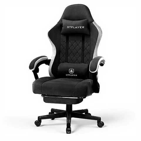 GTPLAYER Gaming Stuhl Ergonomischer mit Stoffoberfläche Federsitzkissen und Fußstütze Schwarz 10 cm Gasdruckfeder für einfaches Einstellen