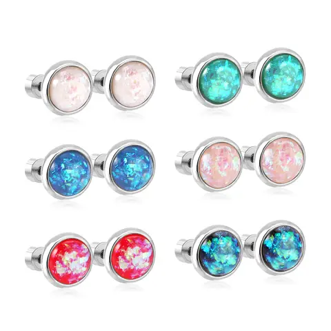 Colorful Crushed Stone Inlay Round Stud Earrings, Surgical Steel Screw Back Piercing Set