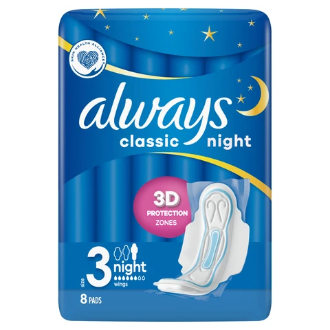Always Classic Night Sanitary Towels With Wings Size 3 8 Pads