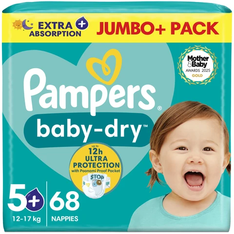 Pampers Baby-Dry Nappies Size 5+ 68 Pack Jumbo+ Pack
