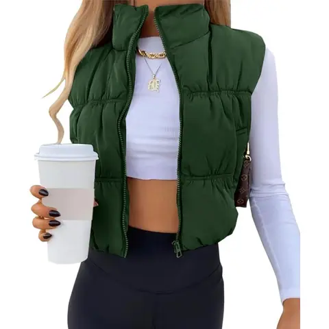 Women's Crop Puffer Vest Winter Zip Up Lightweight Sleeveless Warm Outerwear Padded Coat (darkgreen, L)