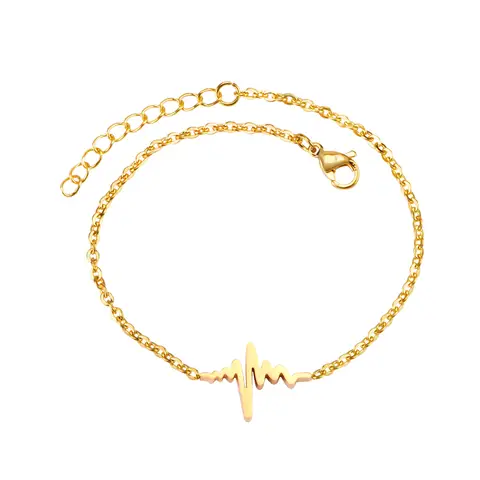 Heartbeat EKG Life Line Bracelet, 18K PVD Gold Plated Stainless Steel, 17+3cm