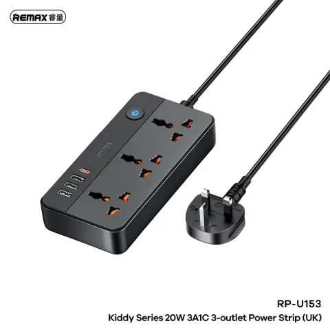 REMAX Kiddy Series 20W 3A1C Power Strip - 1.5M - Black