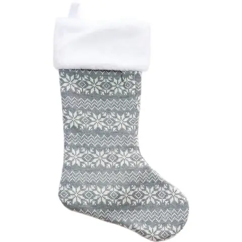 Grey Knitted Christmas Wool Stocking with Snowflake Pattern