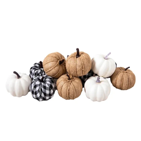 Marrybox Fall Decorative Pumpkins Plush Navy/Hessian/White 12pcs