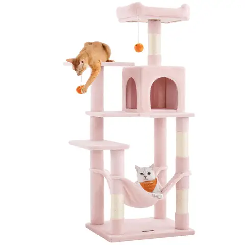 Feandrea Cat Tree, Multi-Level Plush Cat Condo, 55x45x143cm, Jelly Pink