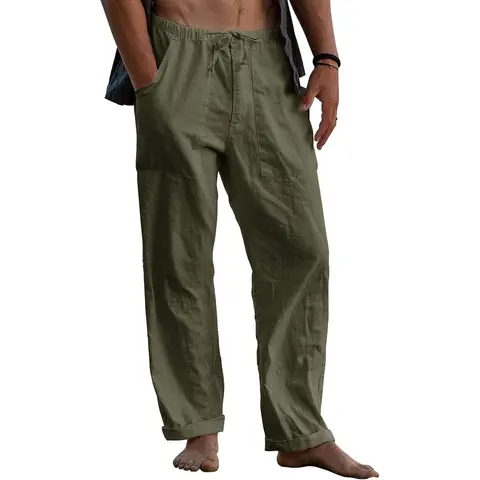 Men's Linen Trousers, Long Wide Summer Trousers, Drawstring Yoga Pants with Pockets, Airy Sun Protection Beach Trousers (militarygreen, S)