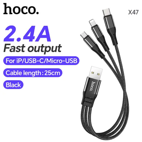 HOCO X47 3-in-1 Charging Cable Harbor - Lightning/ Micro-USB/ USB-C- 2.4A - 0.25M - Black