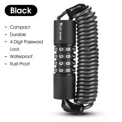 Black - Bicycle Portable Lock Password Rope Helmet Lock Black