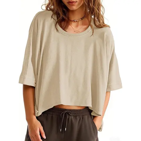 Women's Oversized T-Shirts Cropped Summer Casual Short Sleeve Loose fit Tee Tops (khaki， XXL)