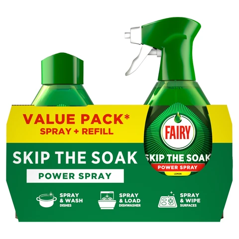 Fairy Skip the Soak Dish Power Spray + Refill Dishes & Kitchen, Grease Remover Lemon 1300ml