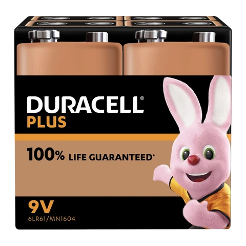DURACELL 9V Plus Power Alkaline Batteries +100% Life - 4 Pack