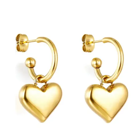 18K Gold Plated Heart Charm Hoop Earrings, Stainless Steel Dangle Heart Huggies for Women