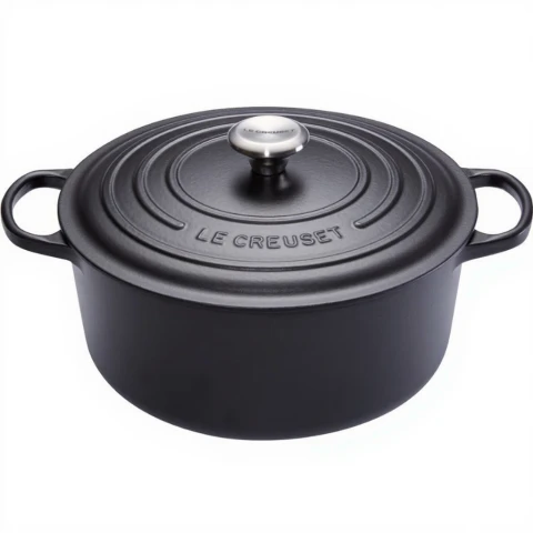 Le Creuset Signature Serie Runder Bräter aus Gusseisen mit Deckel - 26cm - 5.3L - Geeignet für alle Herdarten - Schwarz
