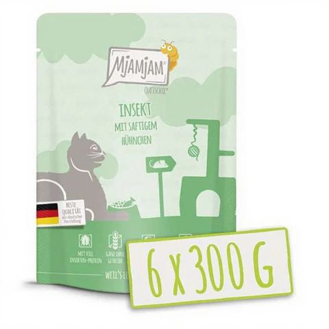 MjAMjAM Quetschie Nourriture pour chat au poulet et insectes - 6 x 300 g