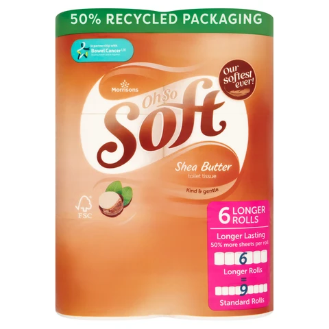 Morrisons Oh So Soft Shea Butter Toilet Tissue, 3-Ply, 6 Longer Rolls