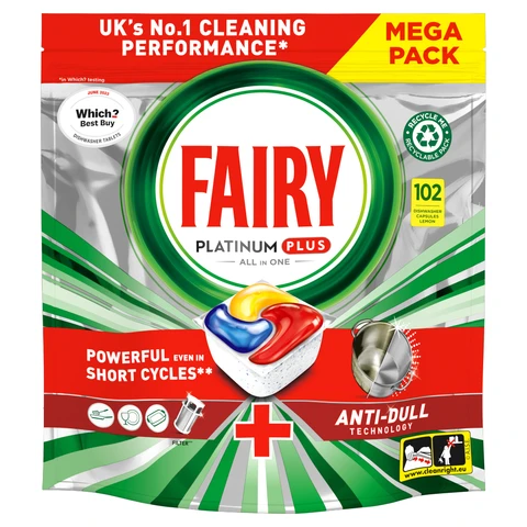 Fairy Platinum Plus All In One Dishwasher Tablets, Lemon, 102 Capsules