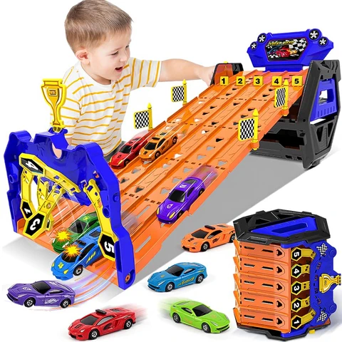 Vatos Spielzeug für 3 4 5 6 Jahre alte Jungen Geburtstagsgeschenk, Tragbare Rennstrecke LKW Spielzeugauto mit 5 Rennwagen & 5 Strecken Transport, Bestes Geschenk Transporter LKW Fahrzeuge Spielzeugset für Kinder, LKW Auto, Weihnachtsgeschenk