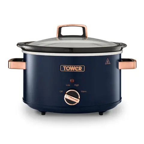 Tower Cavaletto 3.5L Slow Cooker - Midnight Blue & Rose Gold, with 3 Heat Settings, Removable Pot and Cool Touch Handles, T16042MNB