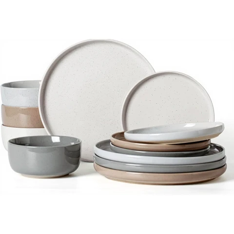 Richmount Galaxy Serie Geschirrset - 12-teiliges Keramikset für 4 Personen - Enthält Essteller/Salatteller/Müslischalen - Spülmaschinen- und Mikrowellengeeignet - Morandi Farben