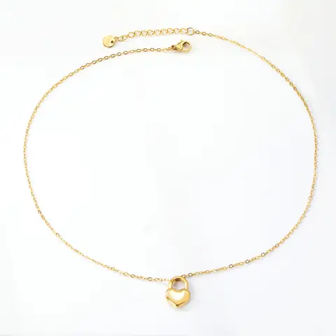 18K PVD Gold Stainless Steel Heart Lock Pendant Necklace, 40+5cm Dainty Love Choker