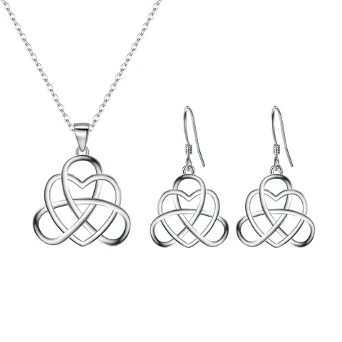 Ever Faith Vintage Heart Shaped Irish Celtic Knot Triquetra Pendant Necklace and Dangle Earrings Set