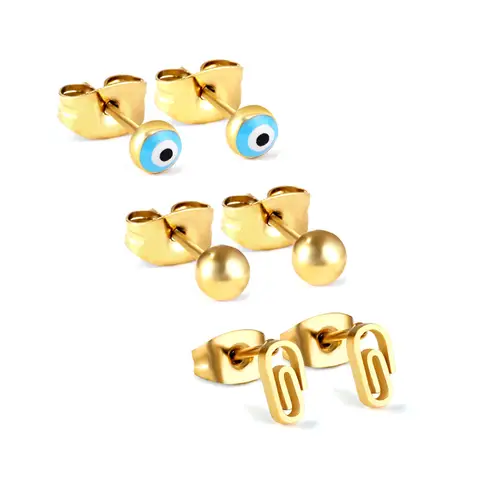 3 Pairs Mismatched Gold Stud Earrings Set – 18K PVD Gold Plated Evil Eye, Round Ball, and Geometric U-Shape Earring Set