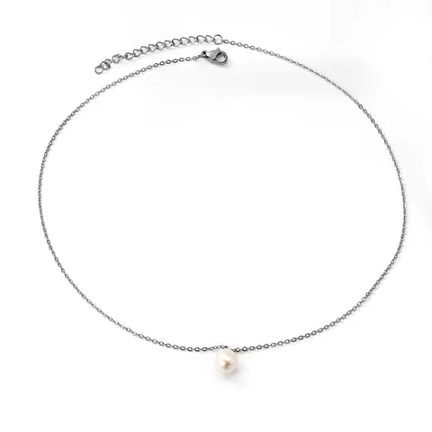 Silver Tone Freshwater Pearl Pendant Necklace, 40+5cm Minimalist Stainless Steel Jewelry