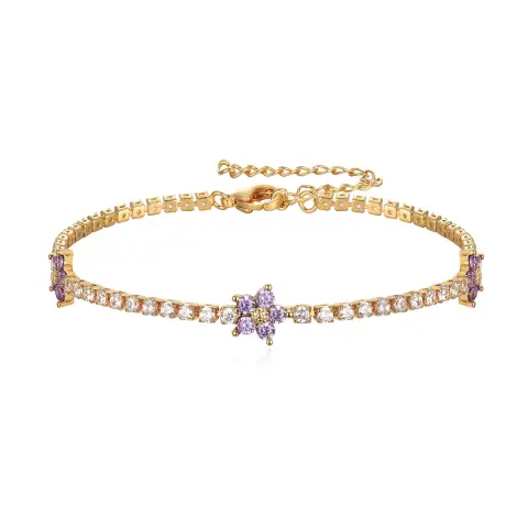 Ever Faith 14K Gold Plated Flower Tennis Bracelet With Purple Cubic Zirconia