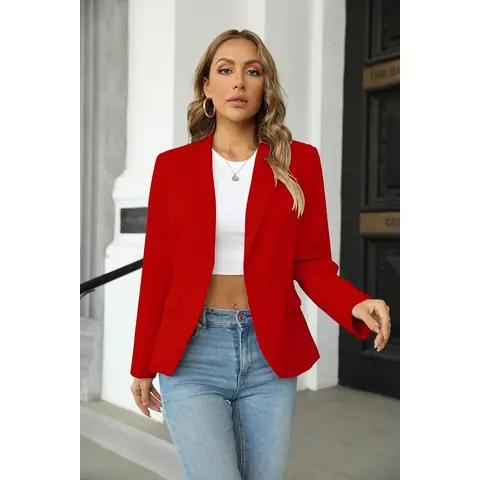 Women's Casual Blazers Long Sleeve Lapel Button Slim Work Office Blazer Jacket (Red， L)