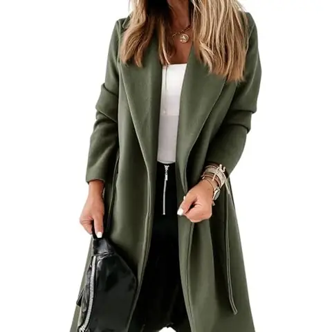 Women's Classic Coat Lapel Collar Open Front Belted Long Jacket (militarygreen, M)