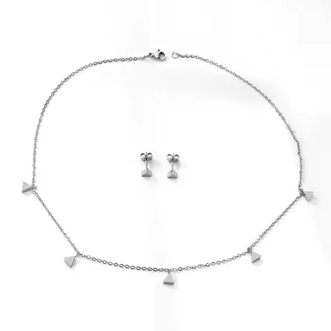 Silver Tone Stainless Steel Triangle Station Necklace and Earring Set, 5-Piece Geometric Jewelry