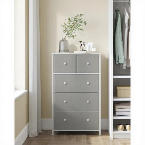 SONGMICS Commode 5 tiroirs en tissu - Gris clair et blanc