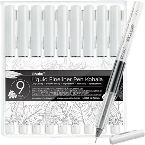 Ohuhu Fineliner Stylos de dessin - Tailles de pointes assorties, encre noire pigmentée, micro-stylos anti-bavure - Croquis, écriture et journal intime, lot de 9 stylos