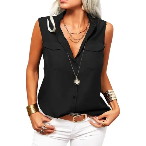 Women's Solid Lapel Sleeveless Tank Tops Summer Button Down Shirts Office Ladies Shirts (black, L)