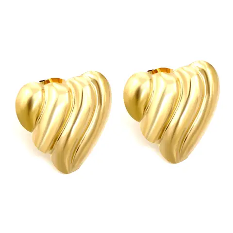 18K Gold Plated Textured Heart Stud Earrings, 23.4mm Chunky Ribbed Geometric Heart Jewelry