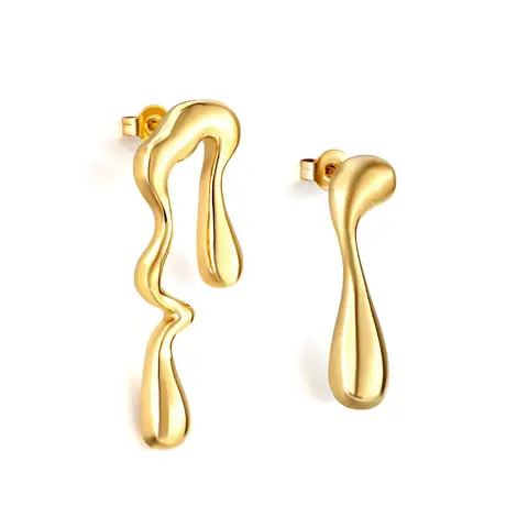 Gold Tone Liquid Metal Style Abstract Dangle Earrings, Irregular Wave Shaped Long Studs