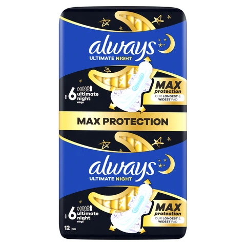 Always Ultra  Sanitary Towels Secure Ultimate Night Size 6 With Wings 12 Pads