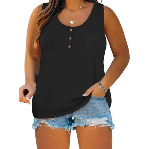 Women's Plus Size Tank Tops U Neck Sleeveless Henley Shirts Summer Casual Tunic Tees Button Down Blouses Tshirts 