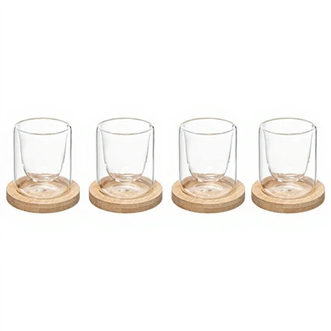 Coffret Cadeau Cléa 4 Tasses en Verre 8 cl avec Soucoupes en Bambou